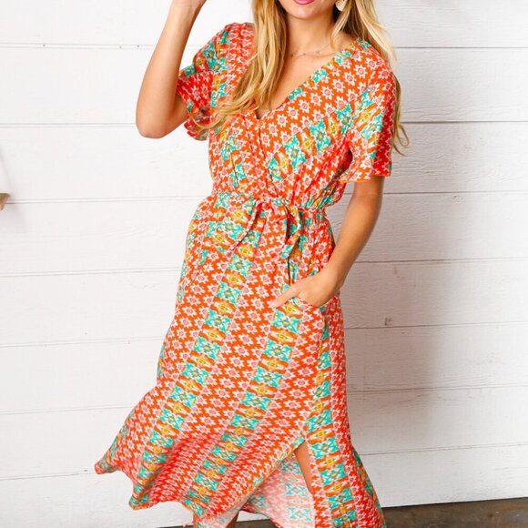 New Orange Boho Print Surplice Sash Belt Midi Dress - 3X - Picture 8 of 8